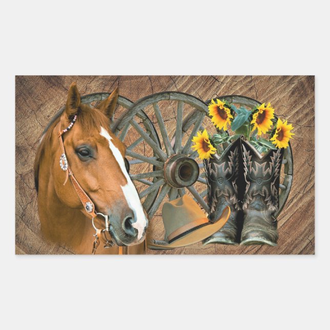 Pegatina Rectangular Caballo Cowboy Boots Rueda de vagón girasoles occi (Anverso)