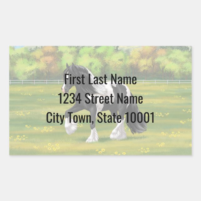 Pegatina Rectangular Caballo de Vanner de Black Pinto Piebald Gypsy (Anverso)