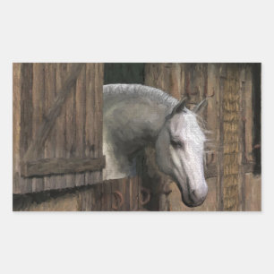 Pegatina Rectangular Caballo gris en la puerta estable