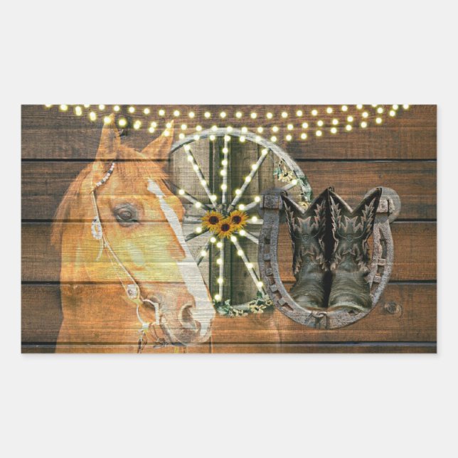Pegatina Rectangular Caballo Occidental Herradura Caballo Vagón Cowboy  (Anverso)
