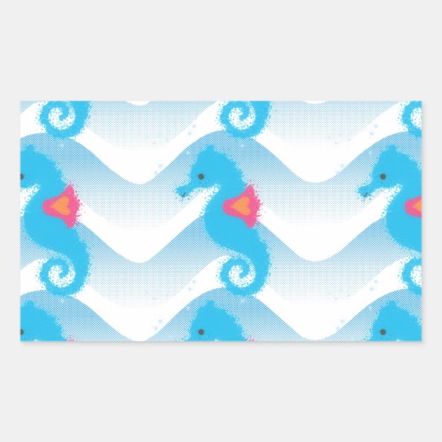 Pegatina Rectangular Caballos De Mar Y Patrón De Ondas Azules (Anverso)