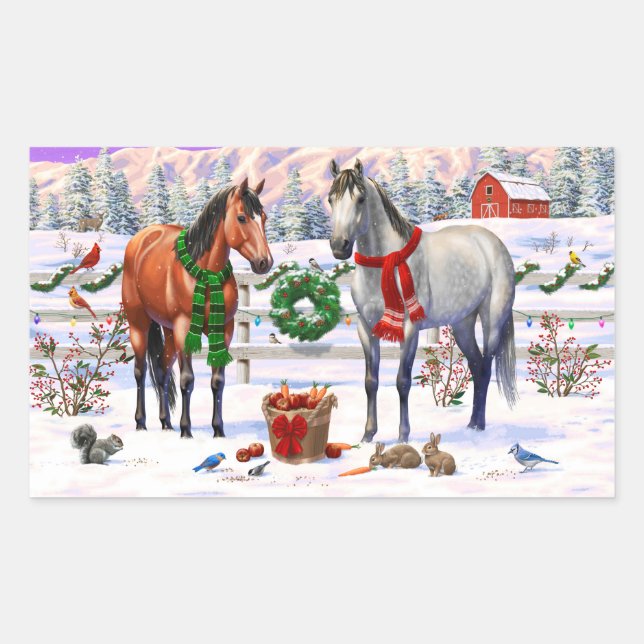 Pegatina Rectangular Caballos navidades en nieve (Anverso)