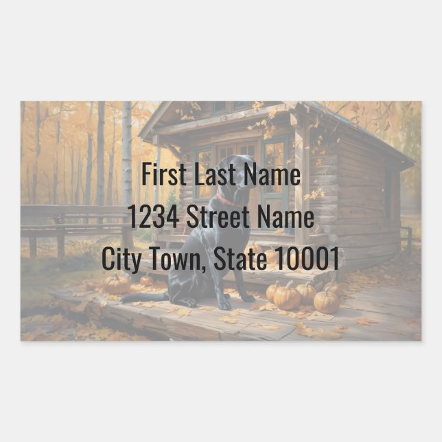 Pegatina Rectangular Cabaña de troncos Retriever Labrador negro Otoño (Anverso)