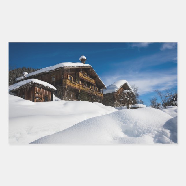 Pegatina Rectangular Cabinas de madera tradicionales en la nieve (Anverso)