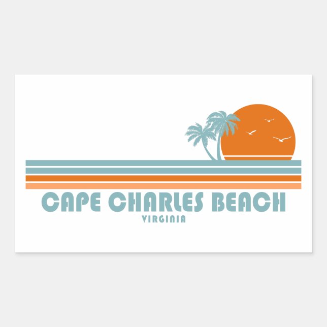 Pegatina Rectangular Cabo Charles Beach Virginia Sun Palm Trees (Anverso)