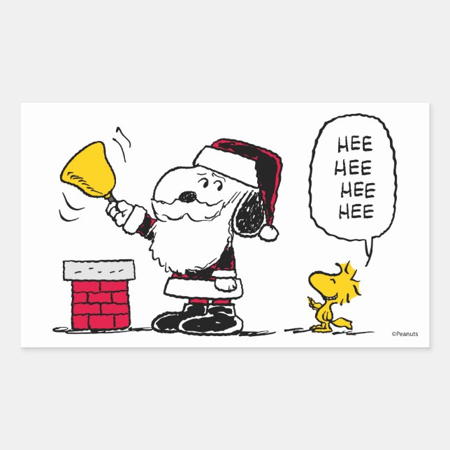 Pegatina Rectangular Cacahuetes | Snoopy & Woodstock Santa Bell Ringer (Anverso)