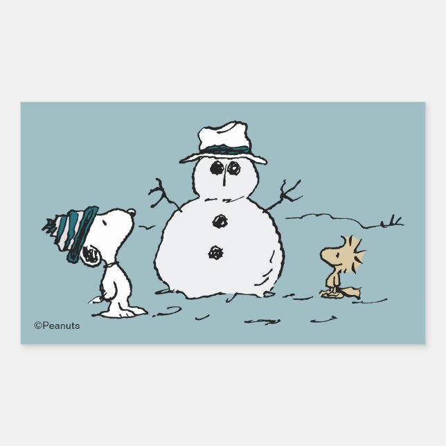 Pegatina Rectangular Cacahuetes | Snoopy y Woodstock construyen un muñe (Anverso)