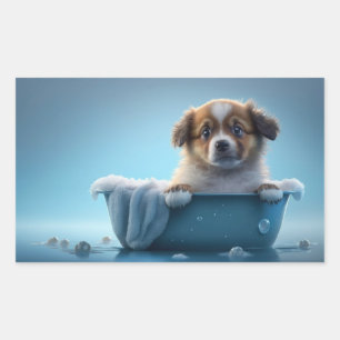 Pegatina Rectangular Cachorro de cachorro en una bañera azul