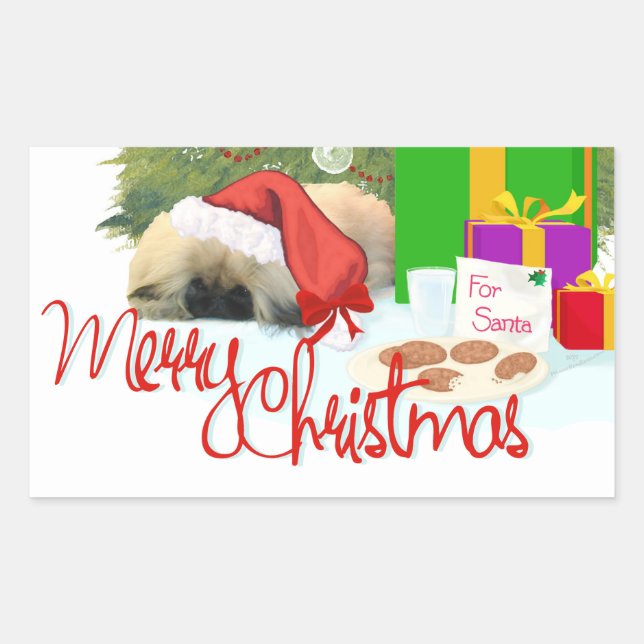 Pegatina Rectangular Cachorro de Pekinés 1er Navidad (Anverso)