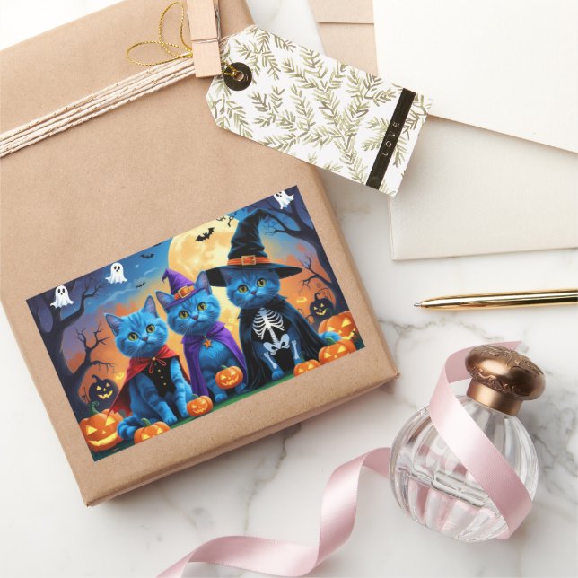 Pegatina Rectangular Calabaza de los gatos azules rusos Halloween es di (Regalar)
