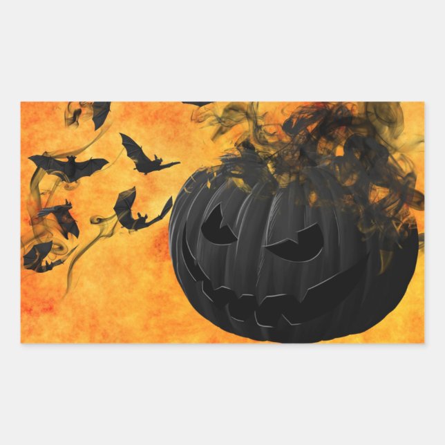 Pegatina Rectangular Calabaza Negra Espantosa y Murciélagos Fiesta de H (Anverso)