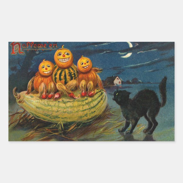 Pegatina Rectangular Calabazas de Halloween vintage Gato negro (Anverso)