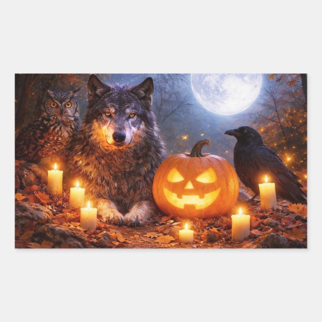 Pegatina Rectangular Calabazas encantadoras de Halloween con lobo, búho (Anverso)