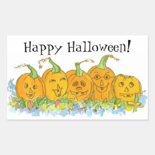 Pegatina Rectangular Calabazas Jack-O-Lantern dibujando feliz Halloween