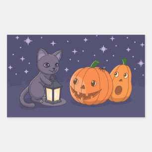 Pegatina Rectangular Calabazas Linterna Gato Negro Halloween Purpura