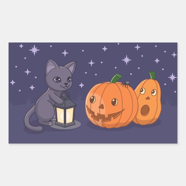 Pegatina Rectangular Calabazas Linterna Gato Negro Halloween Purpura (Anverso)
