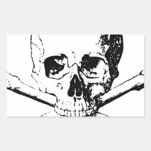 Pegatina Rectangular Calavera blanca y negra y huesos