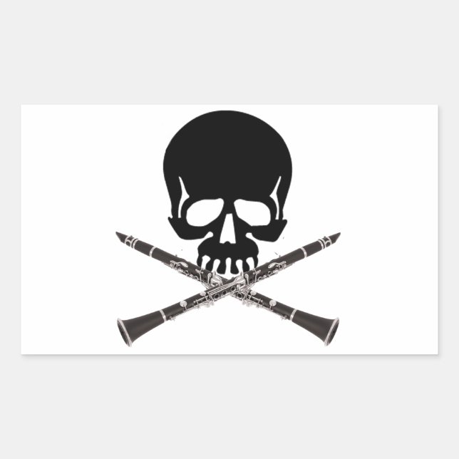 Pegatina Rectangular Calavera con Clarinets y Crossbone (Anverso)