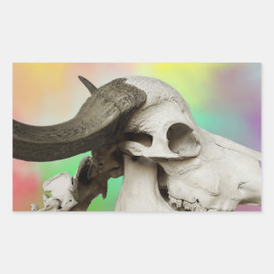Pegatina Rectangular Calavera de búfalo en fondo acuarela