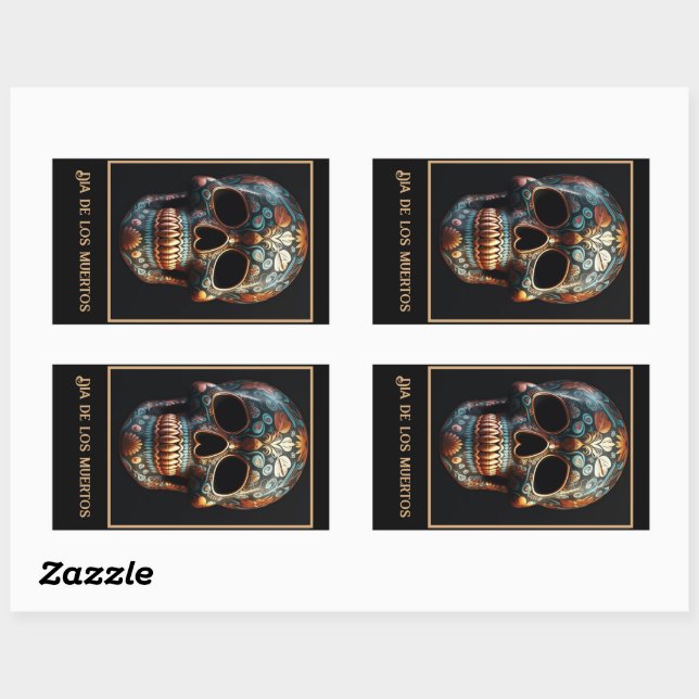 Pegatina Rectangular Calavera personalizada turquesa dorada del Día de  (Hoja)