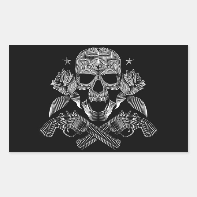 Pegatina Rectangular Calavera y estrellas con Rosas y pistolas cruzadas (Anverso)