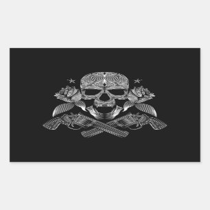 Pegatina Rectangular Calavera y estrellas con Rosas y pistolas cruzadas