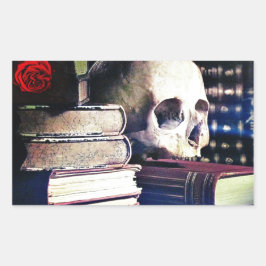 Pegatina Rectangular Calavera y libro de hechizos sobre regalos, ropa y