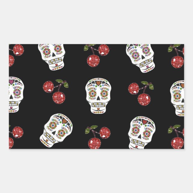 Pegatina Rectangular Calaveras de Azúcar Rockabilly RAB Cerezas Sobre N (Anverso)