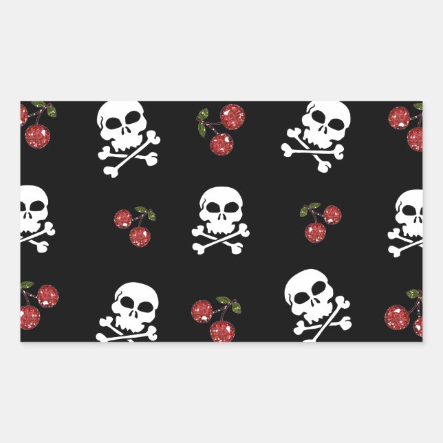 Pegatina Rectangular Calaveras y Cerezas RAB Rockabilly en Negro (Anverso)