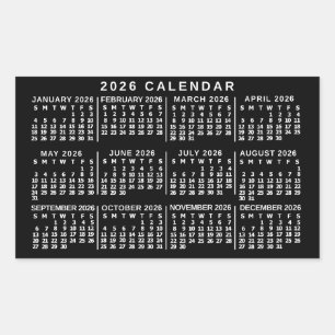 Pegatina Rectangular Calendario Mensual Clásico 2026 Negro y Blanco