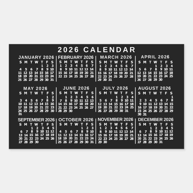 Pegatina Rectangular Calendario Mensual Clásico 2026 Negro y Blanco (Anverso)