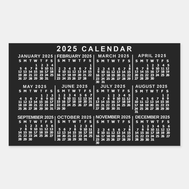 Pegatina Rectangular Calendario Mensual del Año 2025 Clásico Negro y Bl (Anverso)
