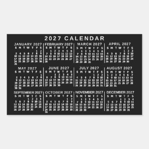 Pegatina Rectangular Calendario Mensual del Año 2027 Clásico Blanco y N