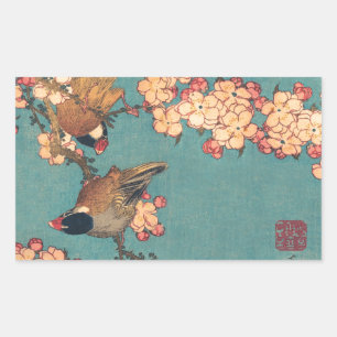Pegatina Rectangular Camachuelo de Hokusai y Flor de Cerezo Ave Vintage