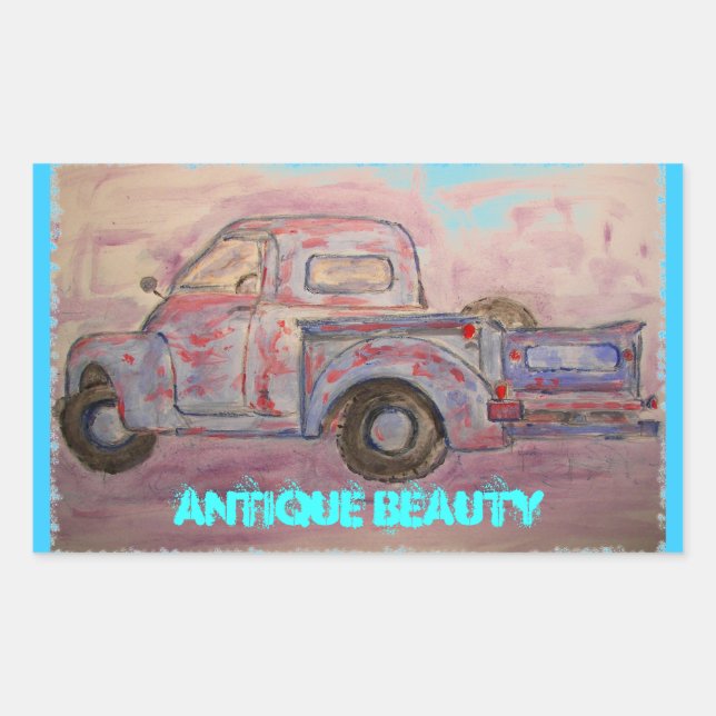 Pegatina Rectangular camión anticuado de patina azul (Anverso)