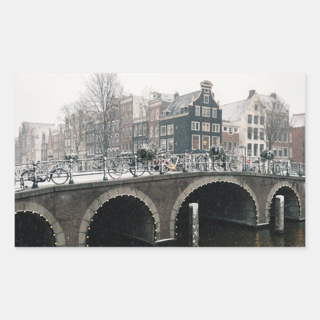 Pegatina Rectangular Canal de Ámsterdam en invierno (Anverso)