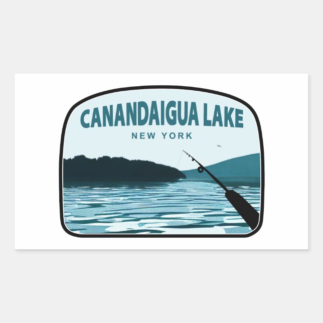 Pegatina Rectangular Canandaigua Lake New York Fshing Rod (Anverso)