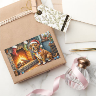Pegatina Rectangular Cane Corso Chimenea con Luces de Navidad