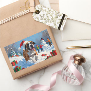 Pegatina Rectangular Cane Corso corriendo en la nieve con sombrero de N