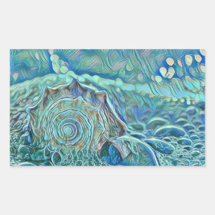 Pegatina Rectangular Caracola azul en la pintura del mar espumoso 