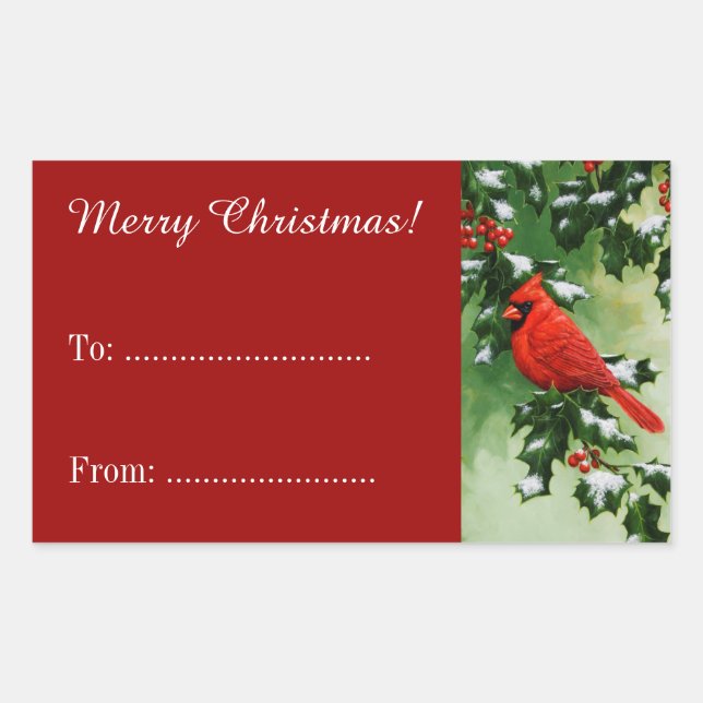 Pegatina Rectangular Cardenal masculino y rama holly roja (Anverso)