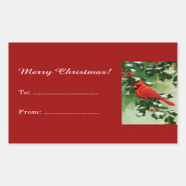 Pegatina Rectangular Cardenal masculino y rama holly roja