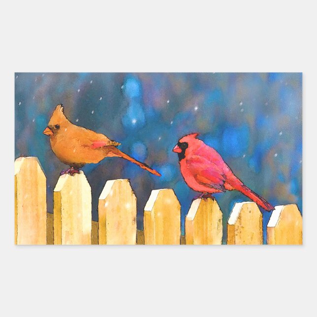 Pegatina Rectangular Cardenales en la cerca - Arte Original (Anverso)
