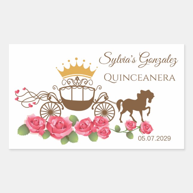 Pegatina Rectangular Carrito, caballos, corona, rosas Quinceanera (Anverso)