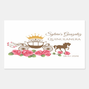Pegatina Rectangular Carrito, caballos, corona, rosas Quinceanera