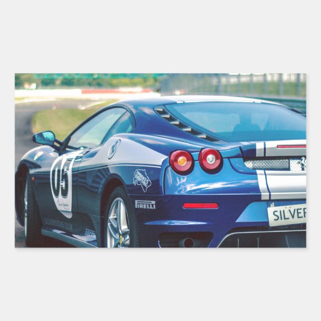 Pegatina Rectangular Carro de carreras azules (Anverso)