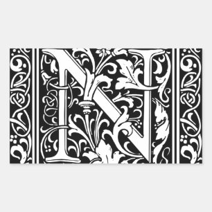 Pegatina Rectangular Carta N Monograma medieval Art Nouveau