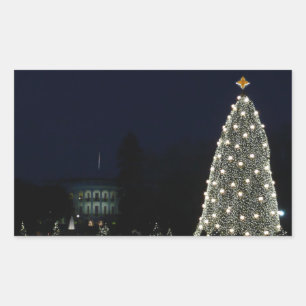Pegatina Rectangular Casa Blanca y árbol de Navidad nacional vacaciones