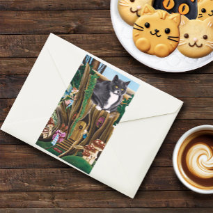 Pegatina Rectangular Casa de Hadas Caprichosa Gatos Fantasía Casa del Á