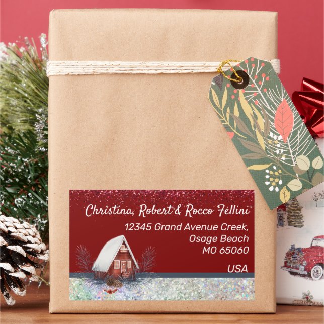 Pegatina Rectangular Casa temática de invierno nevada en personalizado  (Vacaciones)